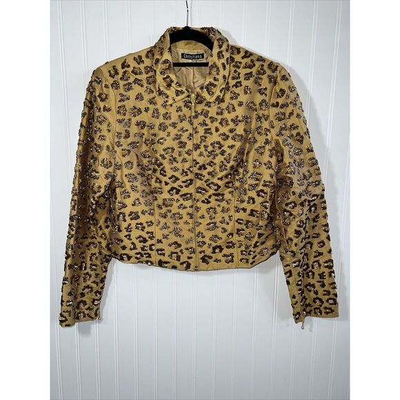 Christiana Silk Beaded Zipper Leopard Jacket /Wrist Zips 100% Silk Lining Size S - Picture 1 of 12
